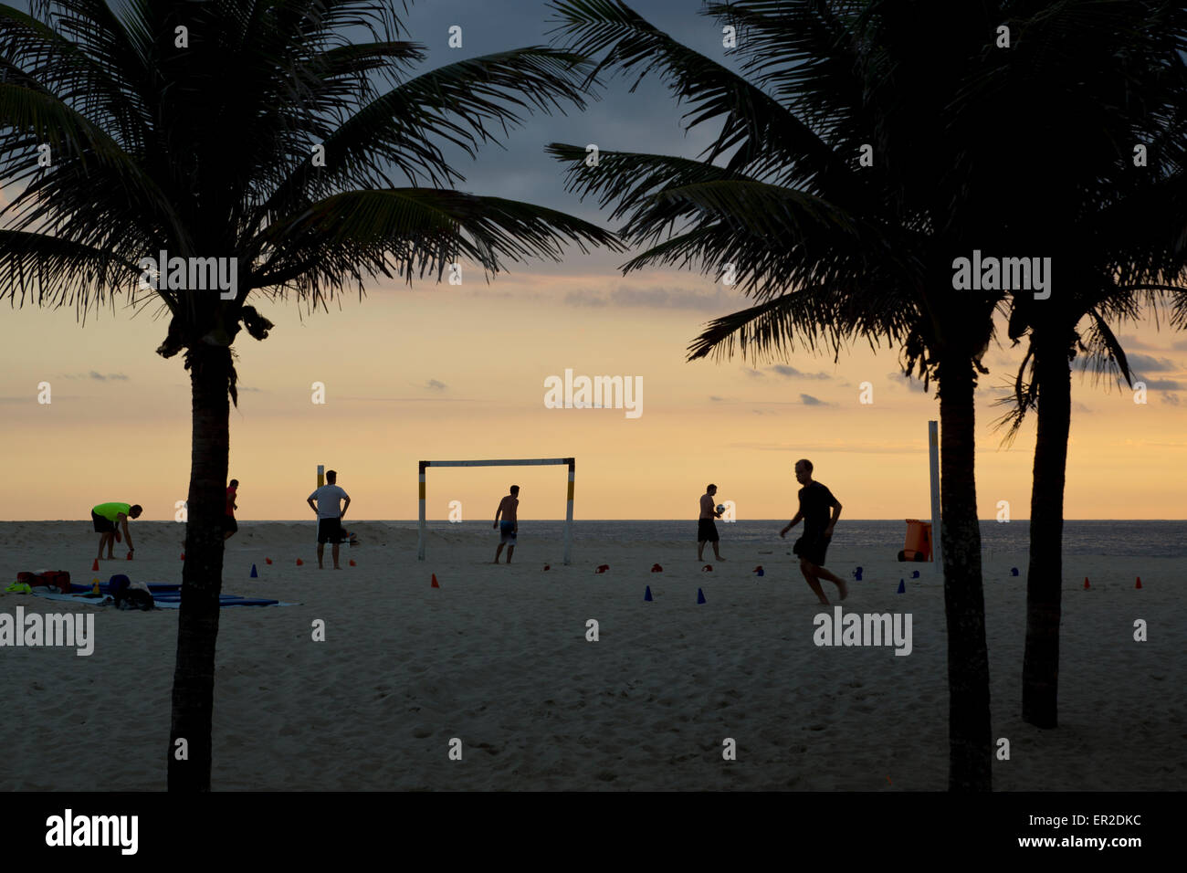 Football players at Ipanema beach, Rio Stock Photo