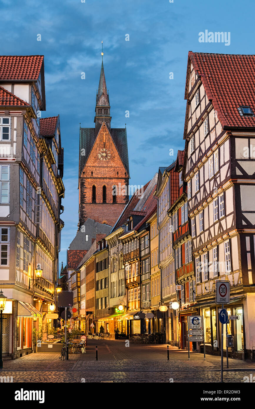 Marktkirche and the old town in Hannover, Germany at night Stock Photo