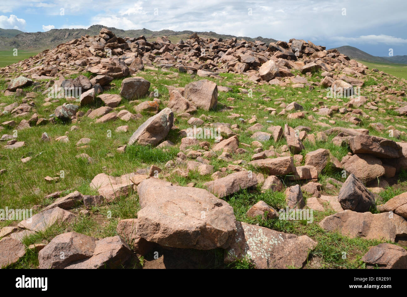 Burial mounds near the city of Moron, Ovsgol province, northern Mongolia. Stock Photo
