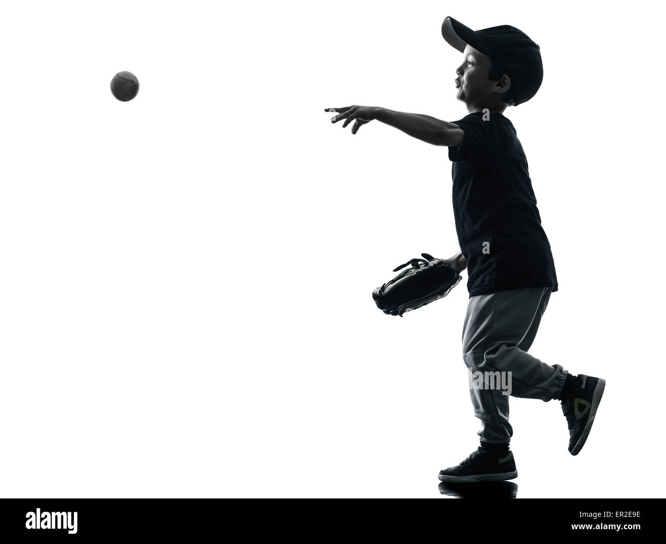 child playing softball players in silhouette isolated on white background Stock Photo