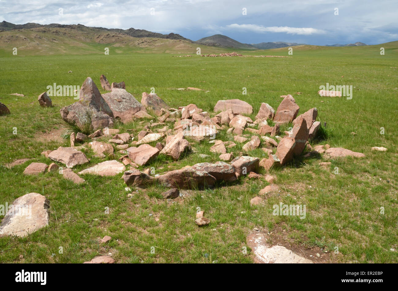 Burial mounds near the city of Moron, Ovsgol province, northern Mongolia. Stock Photo