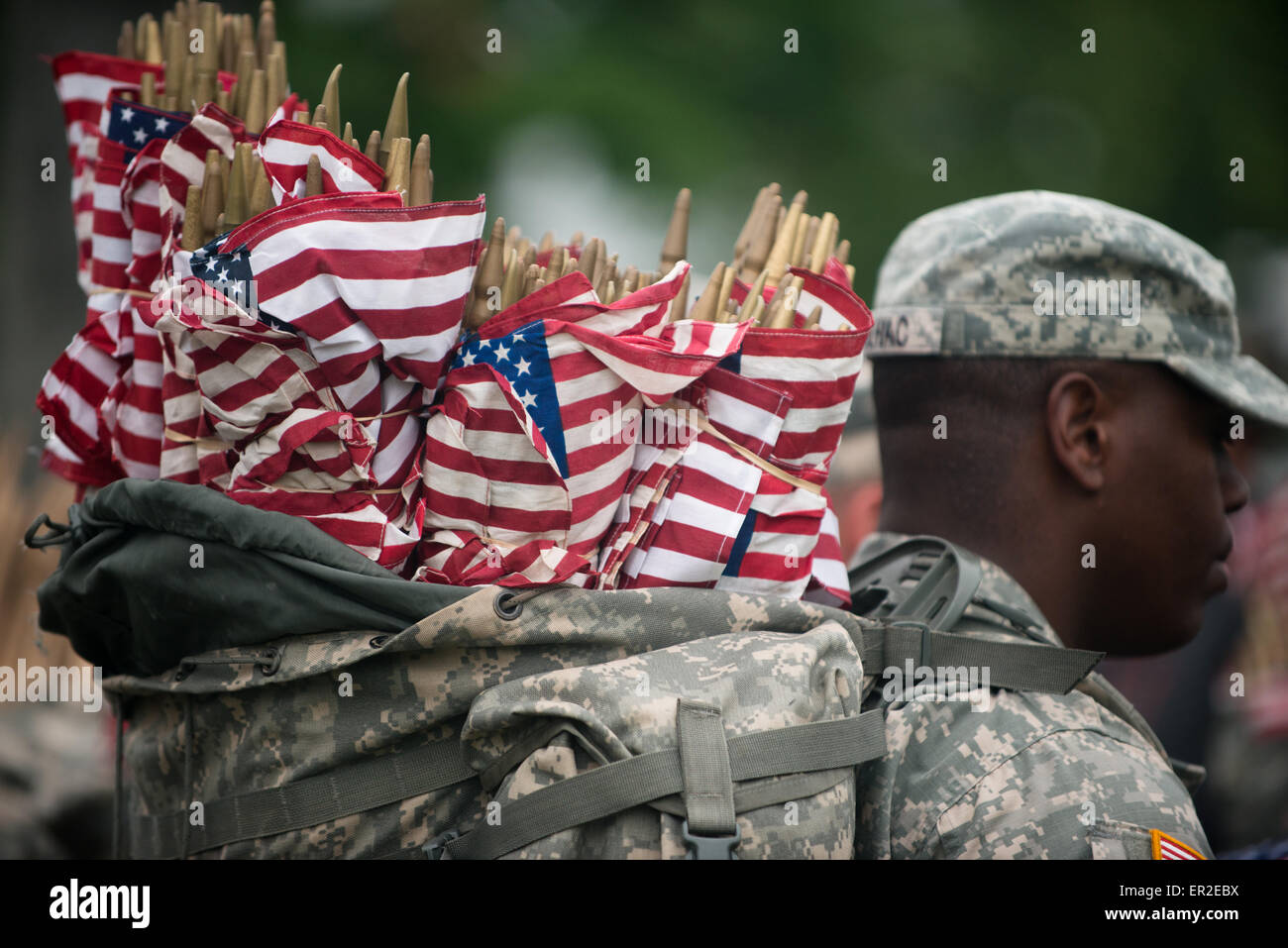 A US Army soldier from the Old Guard carries a bag of  flags to place on grave sites in honor of Memorial Day at Arlington National Cemetery May 21, 2015 in Arlington, Virginia. The Old Guard has conducted Flags-in, when an American flag is placed at every headstone, since 1948. Stock Photo