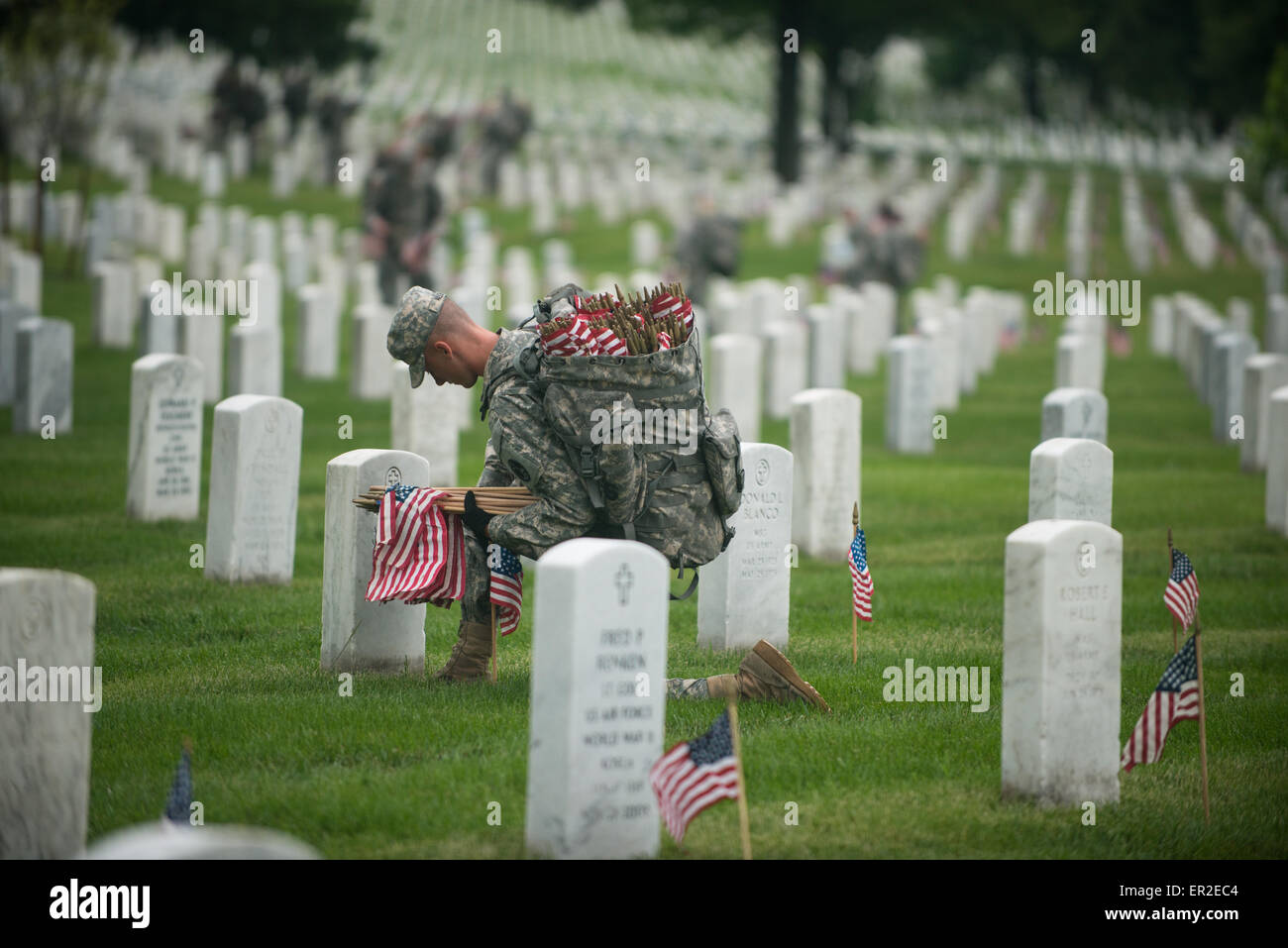 A US Army soldier from the Old Guard places flags in front of grave sites in honor of Memorial Day at Arlington National Cemetery May 21, 2015 in Arlington, Virginia. The Old Guard has conducted Flags-in, when an American flag is placed at every headstone, since 1948. Stock Photo