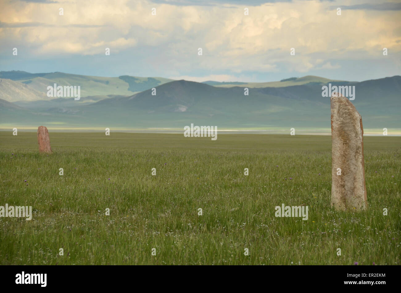 Deer stones in the Ovsgol province, northern Mongolia. Stock Photo