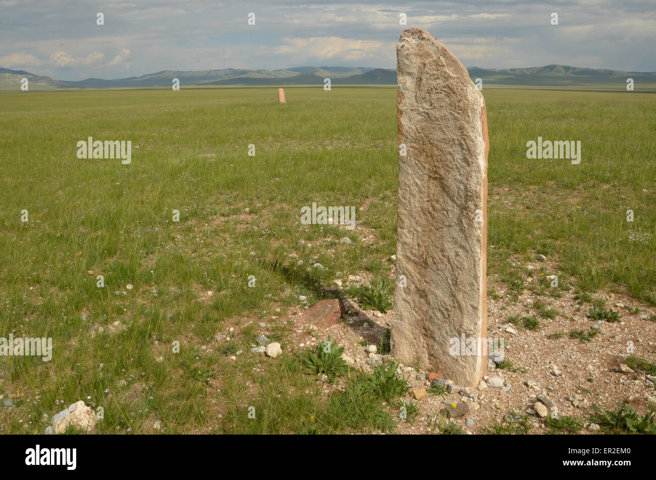 Deer stones in the Ovsgol province, northern Mongolia. Stock Photo