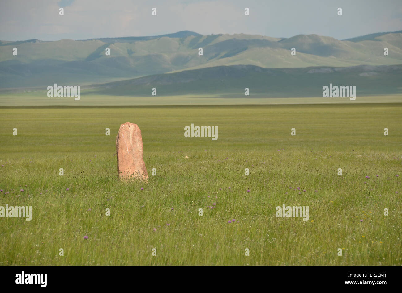 A deer stone in the steppe, Ovsgol province, northern Mongolia. Stock Photo
