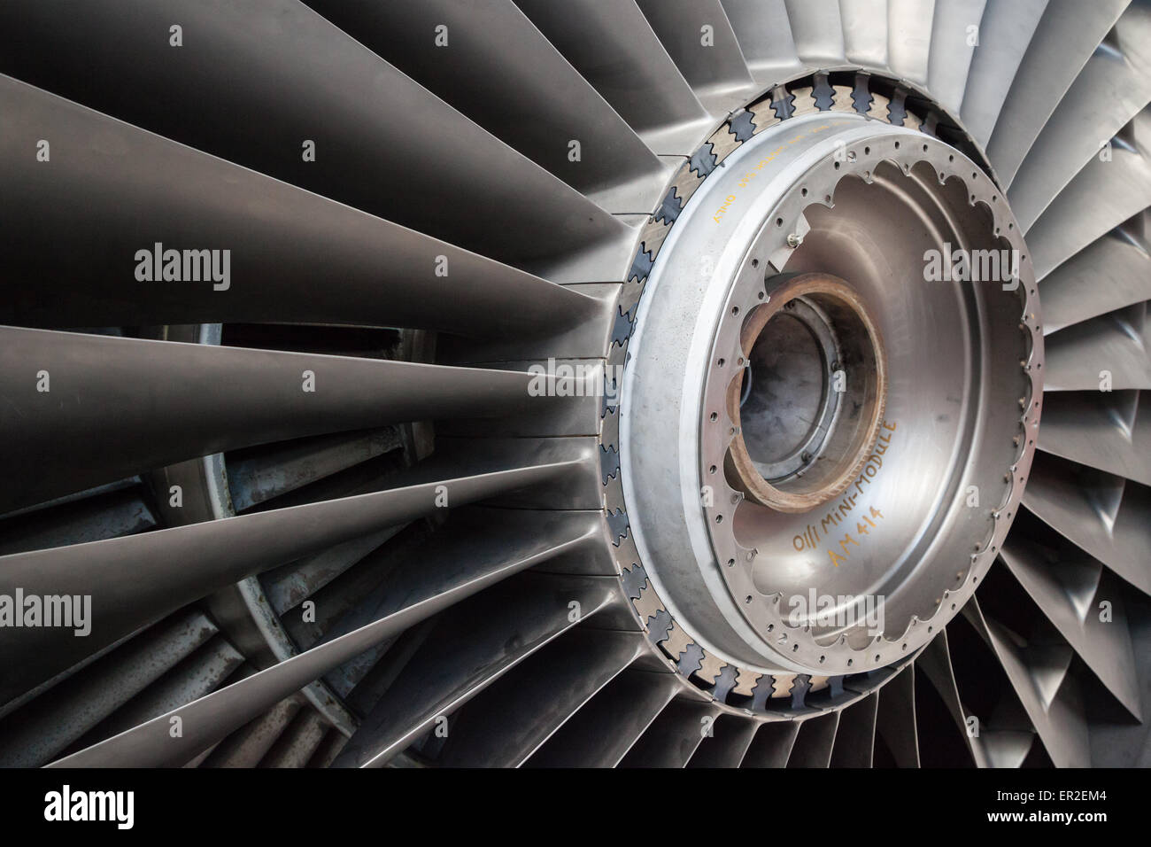 A view of the front fan from a Rolls-Royce RB211 turbofan engine. Stock Photo