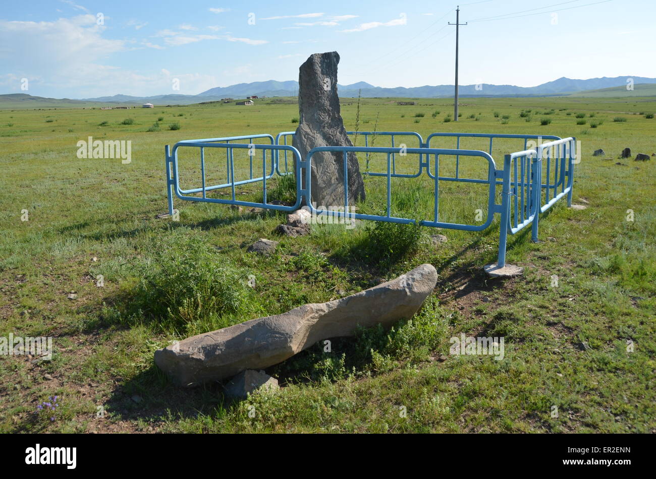 Deer stones in the village of Orkhon, Bulgan province, Mongolia. Deer stones are antic monuments. Stock Photo