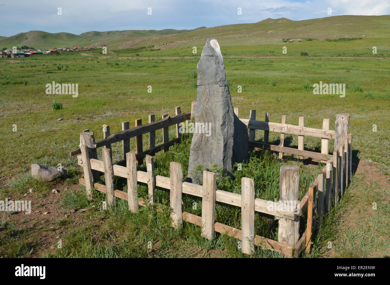 Deer stone in the village of Orkhon, Bulgan province, Mongolia. Deer stones are antic monuments. Stock Photo
