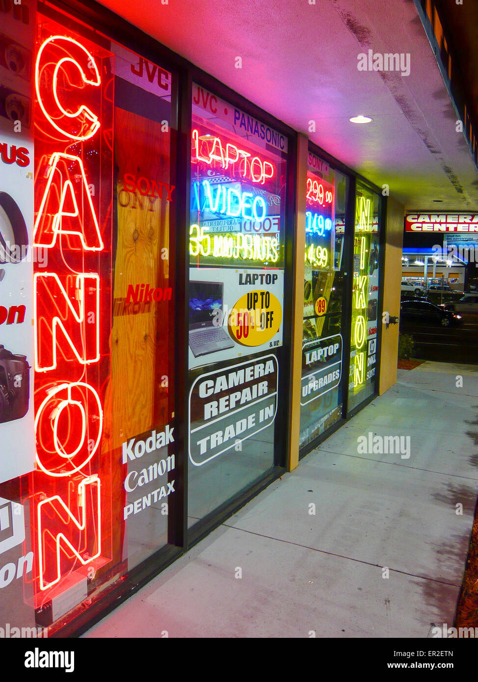Camera shop selling Canon and Nikon equipment. Stock Photo