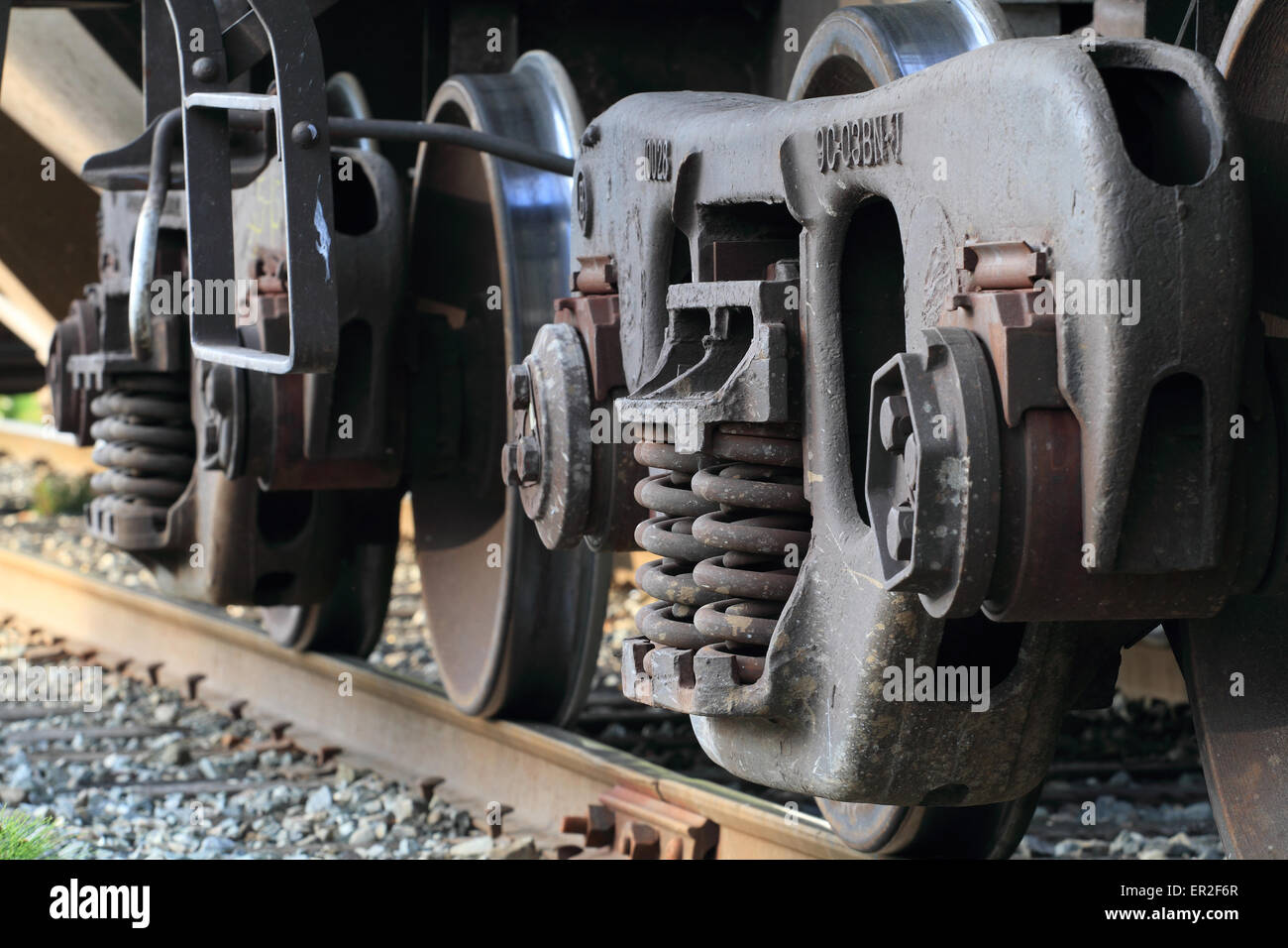 Low perspective photograph of  Train Wheels Stock Photo