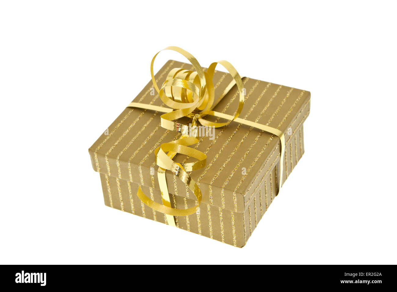 Goldenes Päckchen, anniversary, birthday, box, celebrate, celebration, christmas, closeup, decorate, decoration, decorative, des Stock Photo