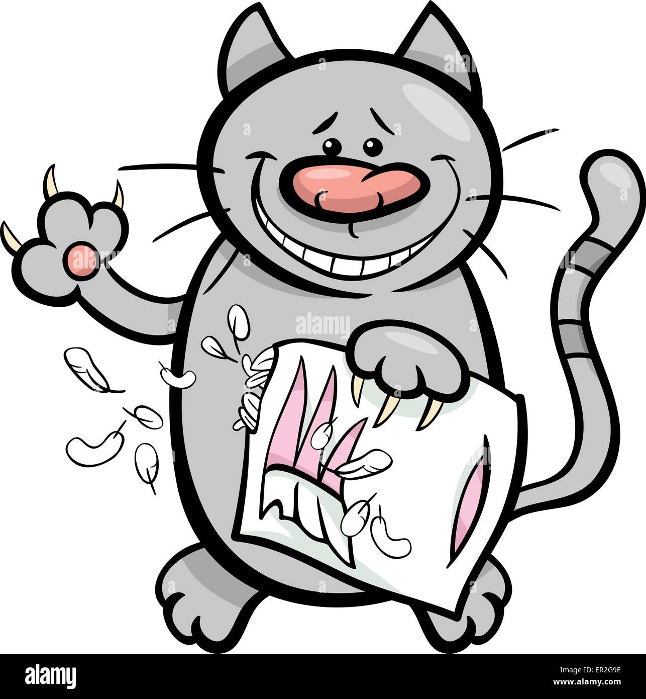 Cartoon Illustration of Cat or Kitten Scratching a Pillow with his