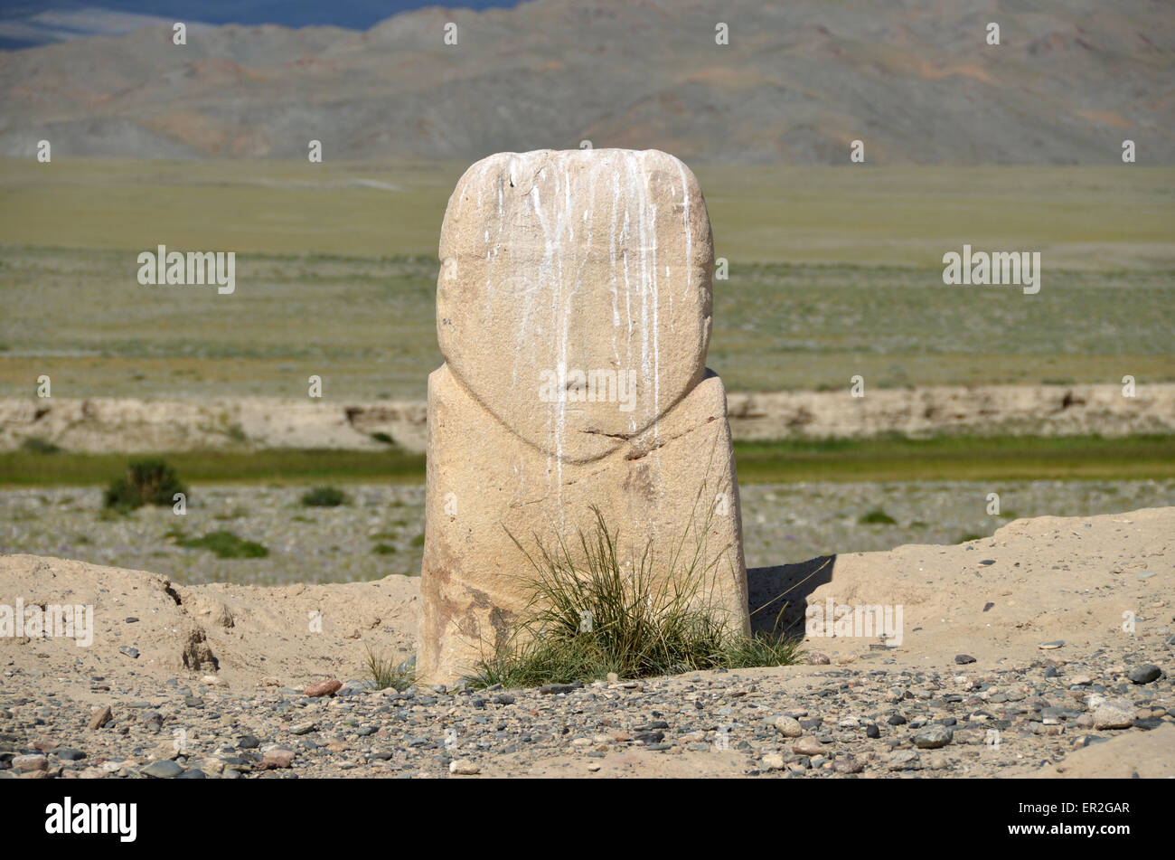 Balbal in western Mongolia, west of Olgii city, Bayan Olgii province. Balbals are antic standing stones. Stock Photo
