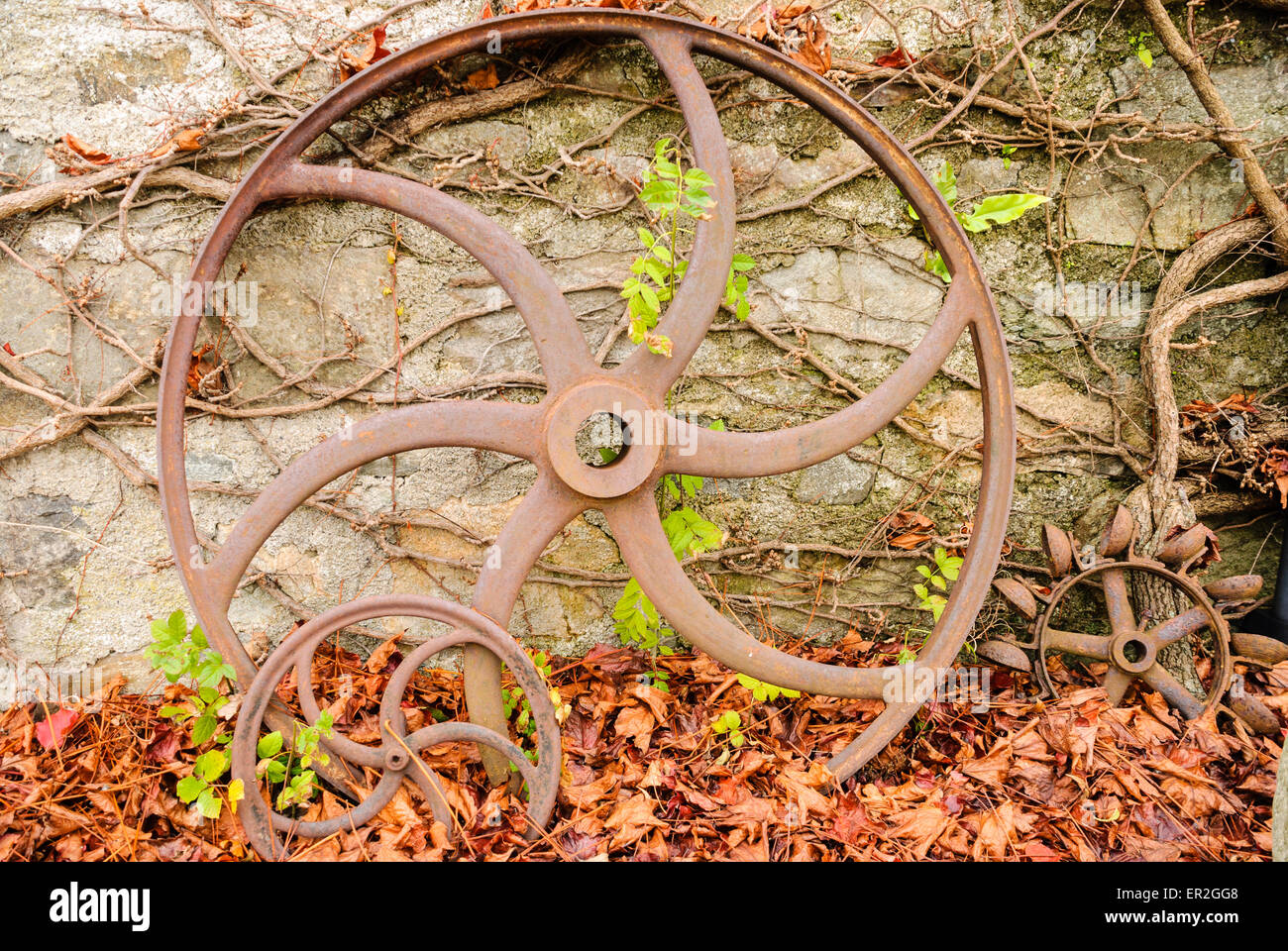 Three cast-iron wheels used to drive machinery in an Irish mill. Stock Photo