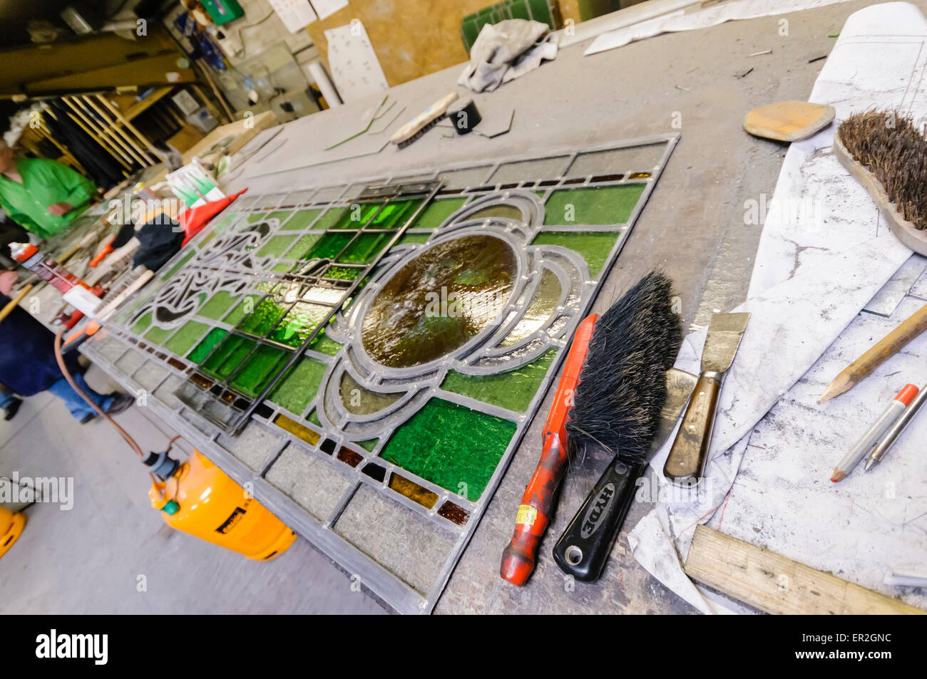 Stained glass windows undergoing restoration Stock Photo Alamy