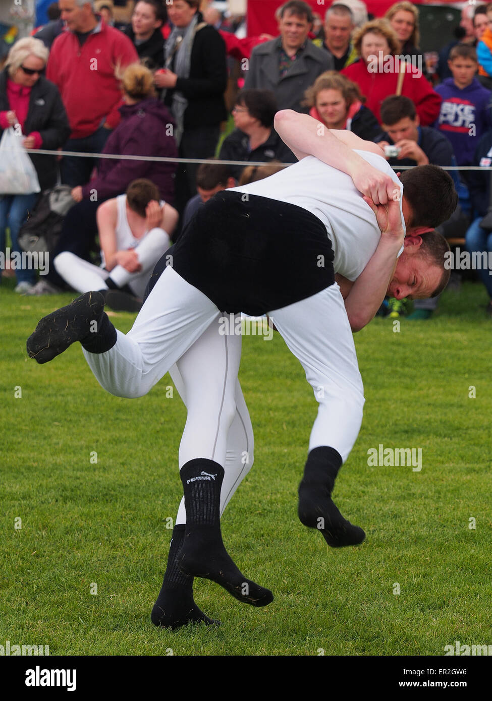 Bywell, UK. 25th May, 2015. Cumberland and Westmorland Wrestling competition at the Northumberland County Show, a traditional agricultural show with displays of livestock, produce and craft from the local area. Cumberland Wrestling is an ancient and well-practiced tradition in the north country area of England. Credit:  AC Images/17�Թ����� Live News Stock Photo