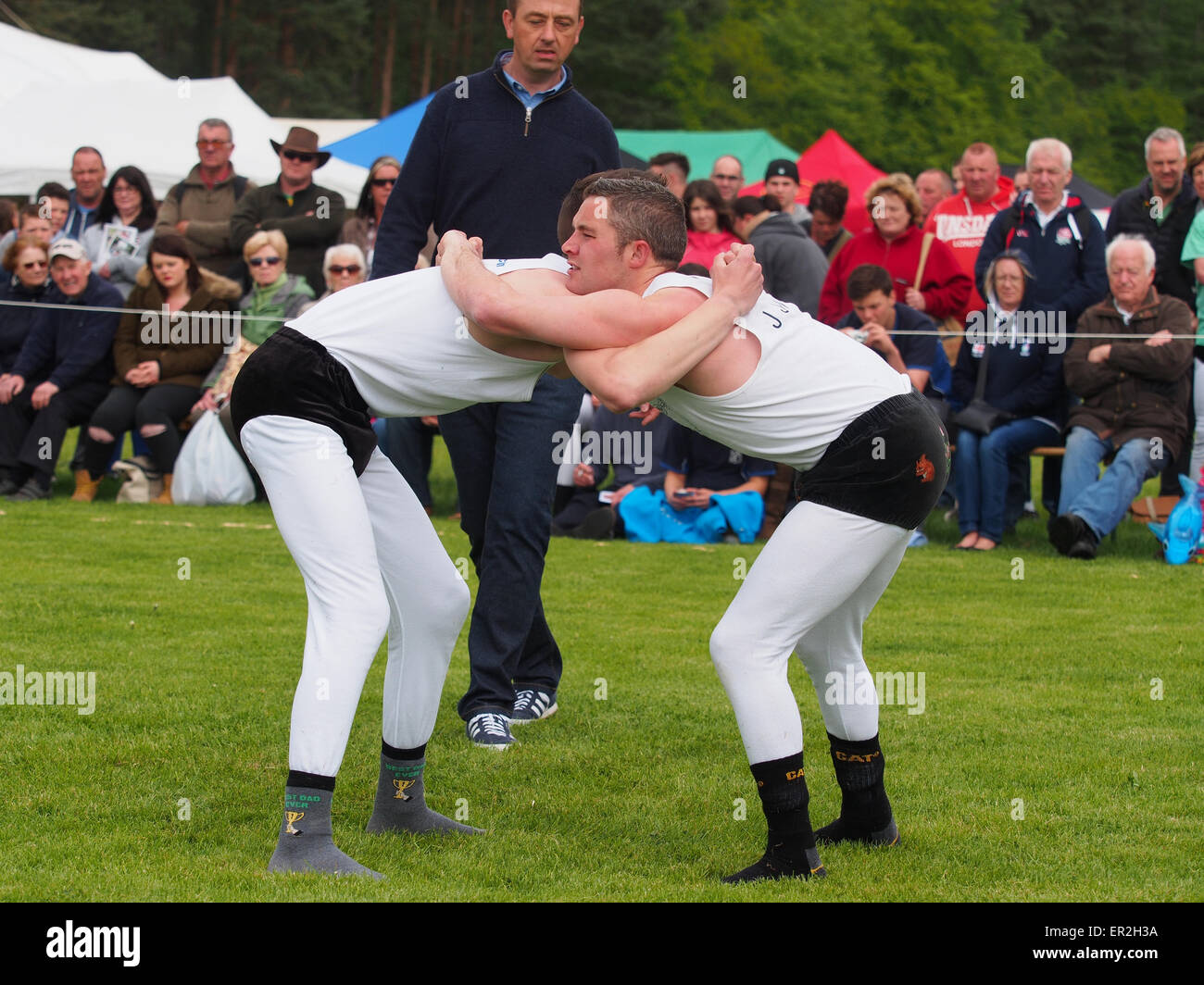 Bywell, UK. 25th May, 2015. Cumberland and Westmorland Wrestling competition at the Northumberland County Show, a traditional agricultural show with displays of livestock, produce and craft from the local area. Cumberland Wrestling is an ancient and well-practised tradition in the north country area of England. Credit:  AC Images/17�Թ����� Live News Stock Photo