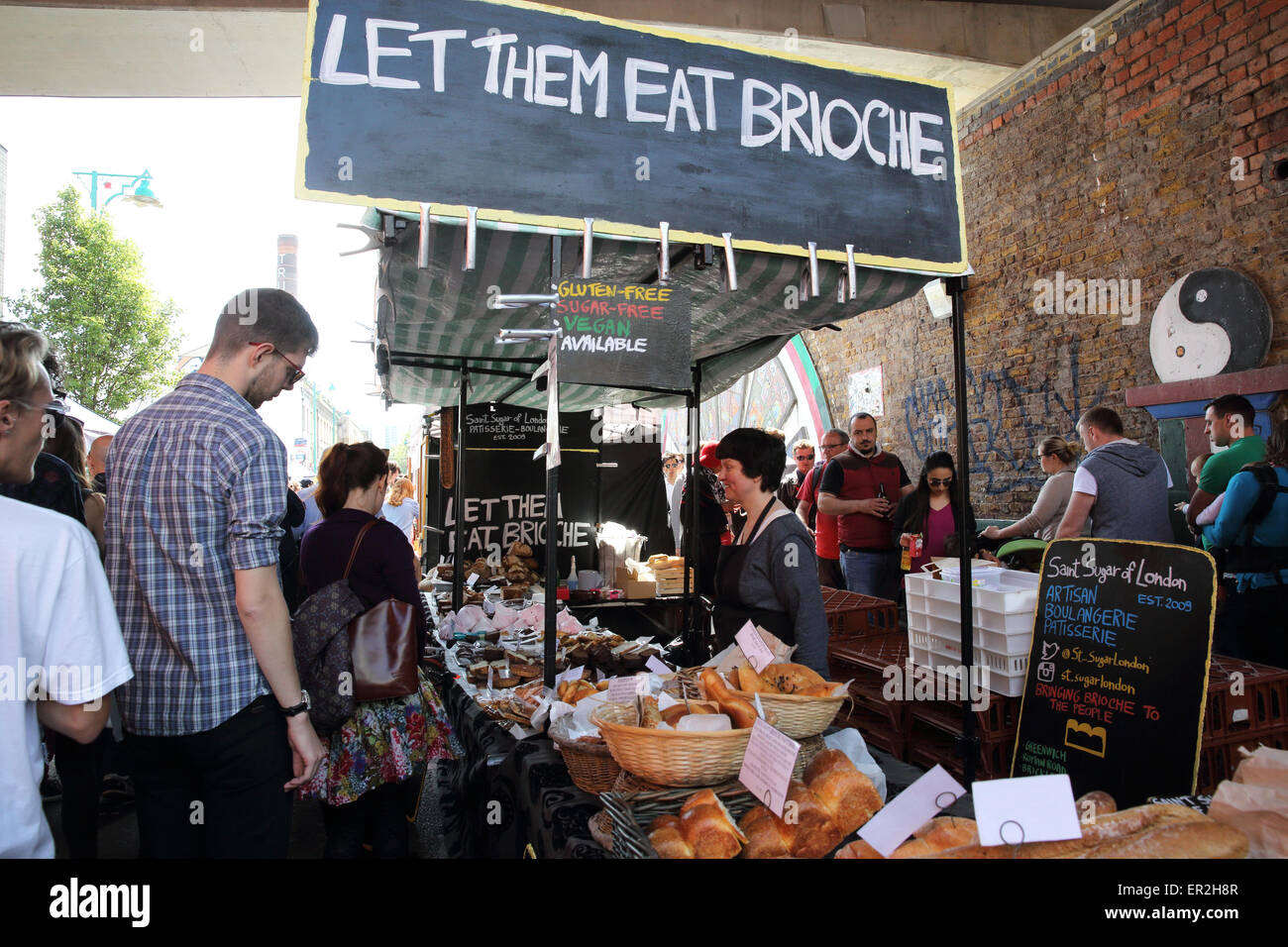 Food stalls on the famous, popular Brick Lane market in east London, in ...