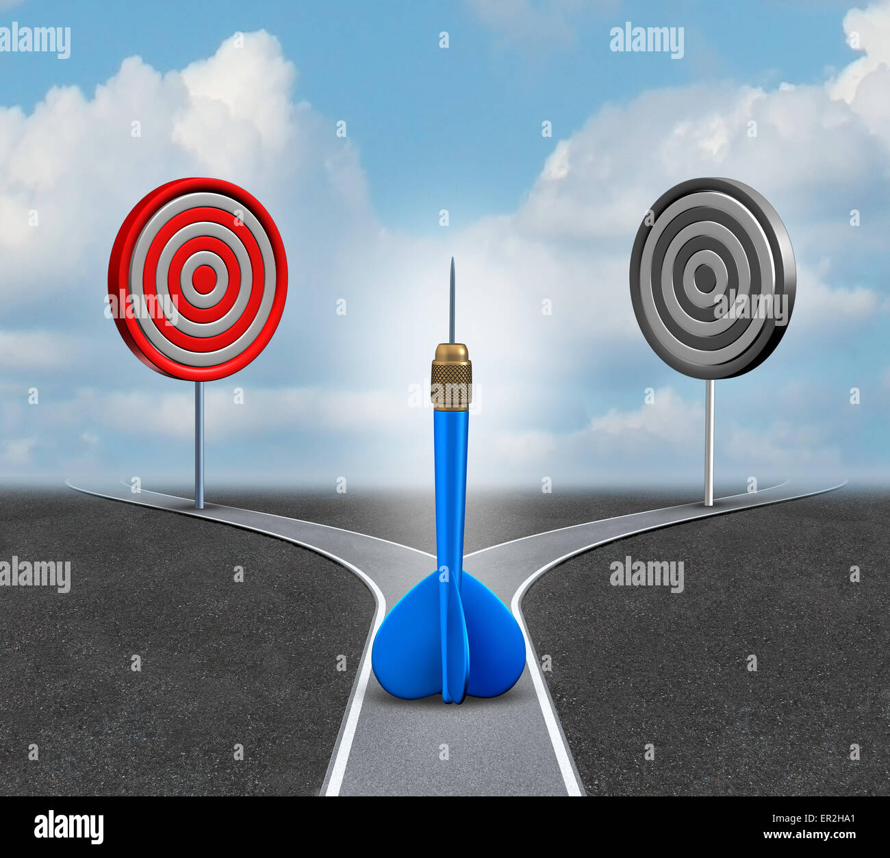 Strategy decision business concept as a confused blue dart deciding which bull eye target to aim for as a metaphor for strategic advice and consulting. Stock Photo