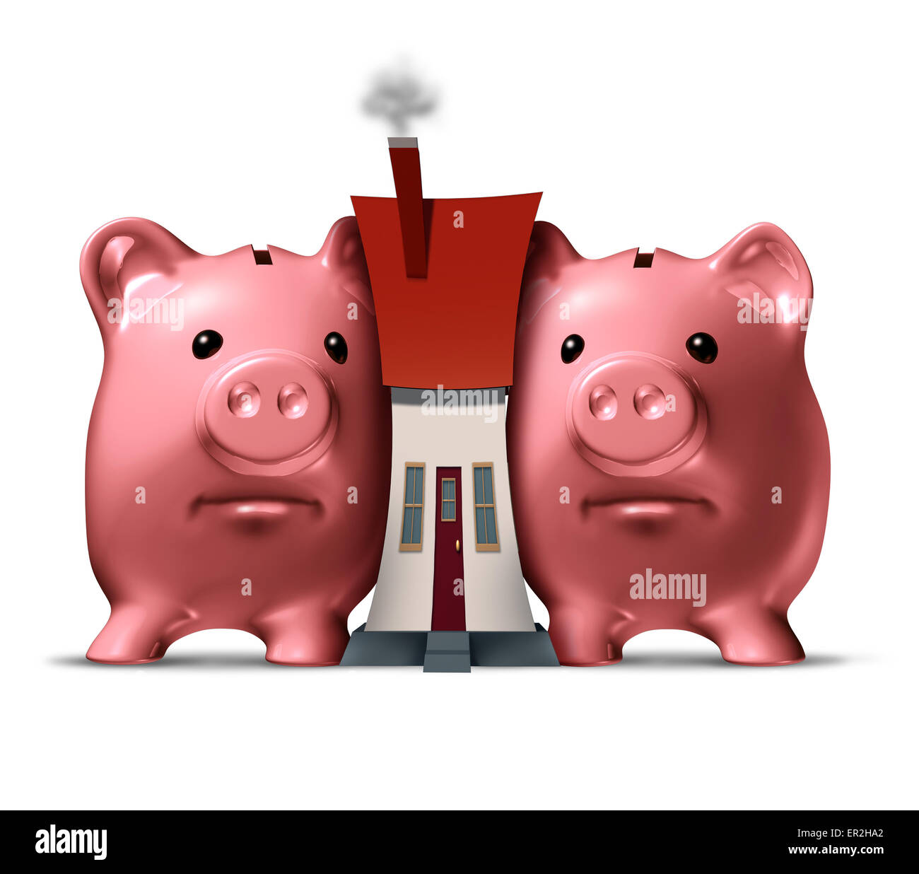 Housing crunch and home crisis concept as two piggy banks putting the squeeze on a family house as an economic symbol of feeling financial pressure and finance stress from realestate mortgage prices and renovation expenses. Stock Photo