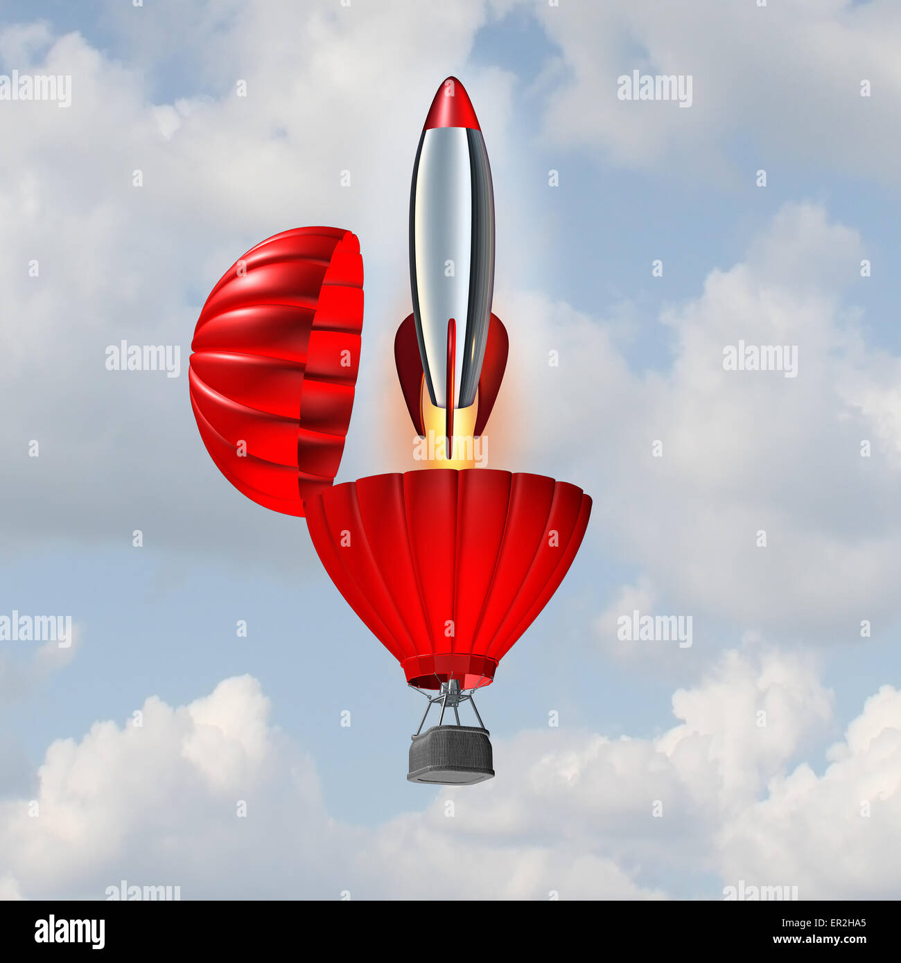 Ambition concept and building momentum symbol of business success as a hot air balloon opening up with an emerging rocket ship b Stock Photo