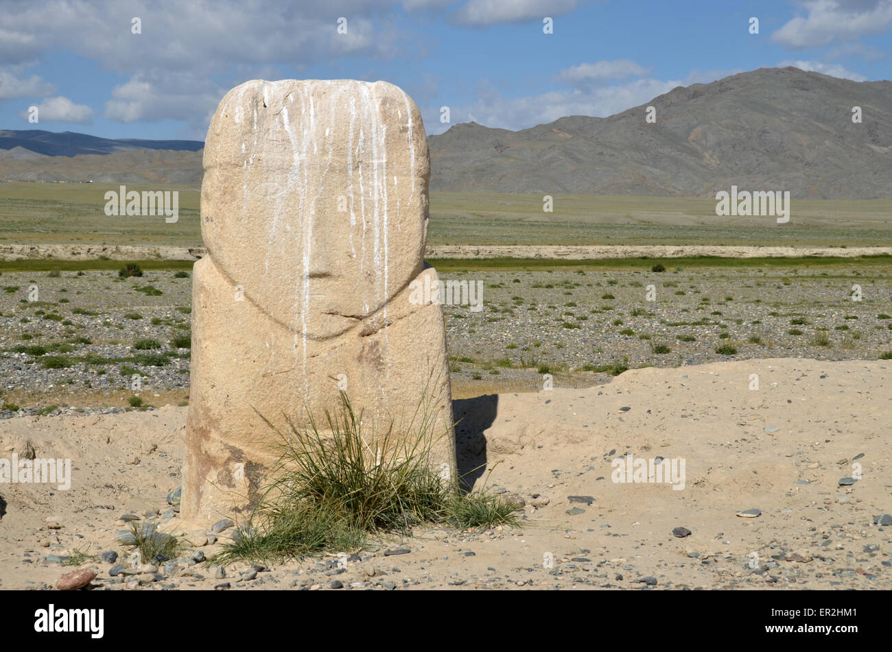 Balbal in western Mongolia, west of Olgii city, Bayan Olgii province. Balbals are antique standing stones. Stock Photo
