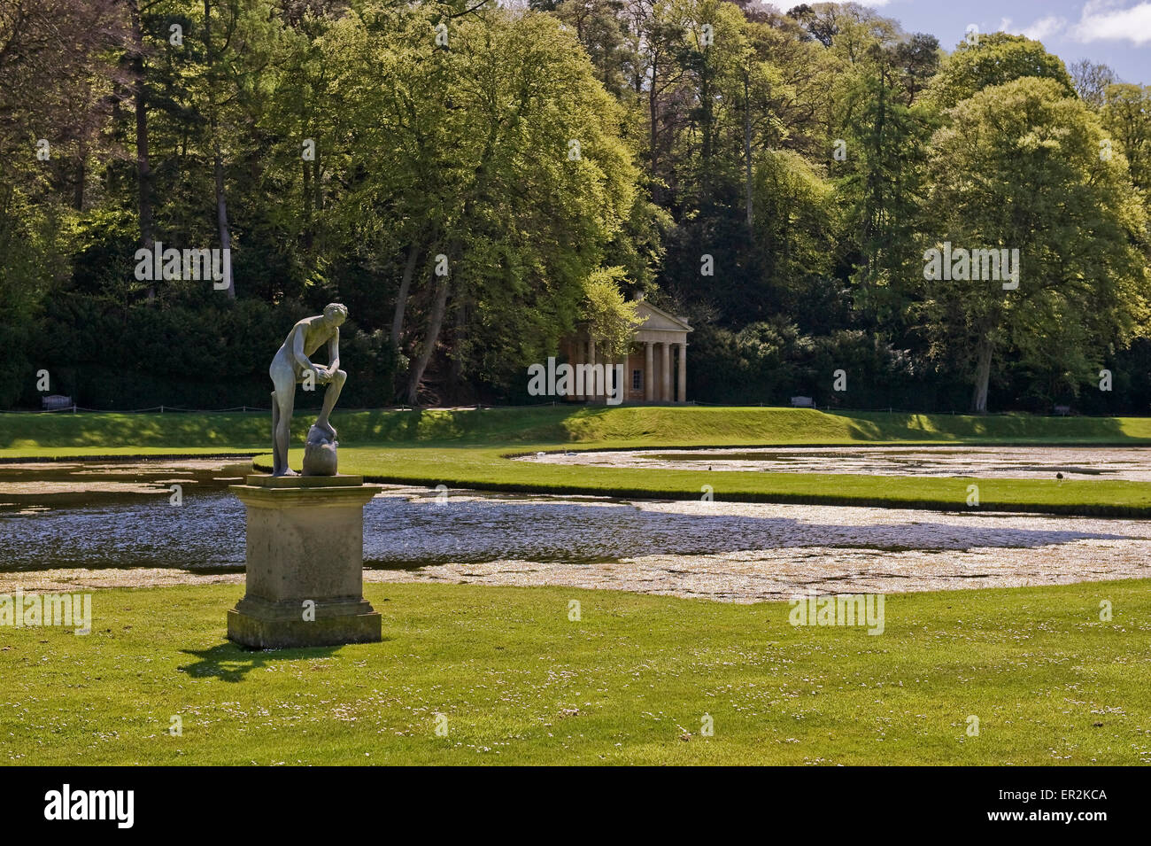 Statue and Temple of Piety, Studley Royal landscape gardens, near Ripon, North Yorkshire, England, UK Europe Stock Photo