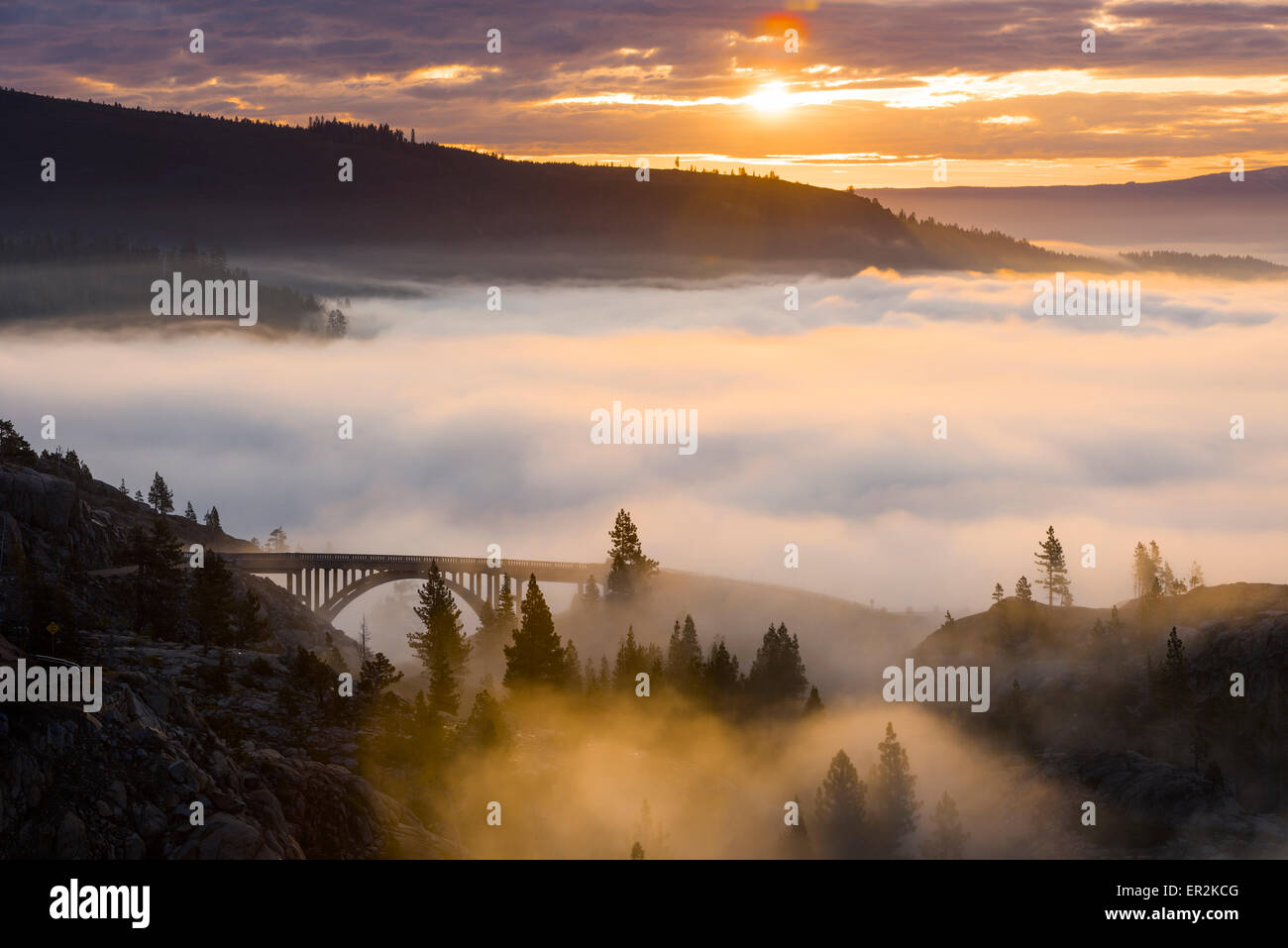 Donner Lake Foggy Sunrise With Rainbow Bridge A Cement Bridge On Old 