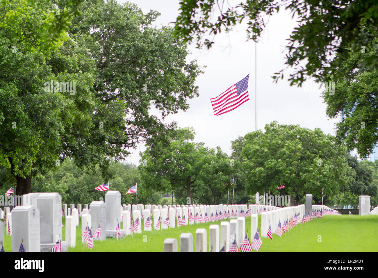 The American flag at half staff in honor of Memorial Day during