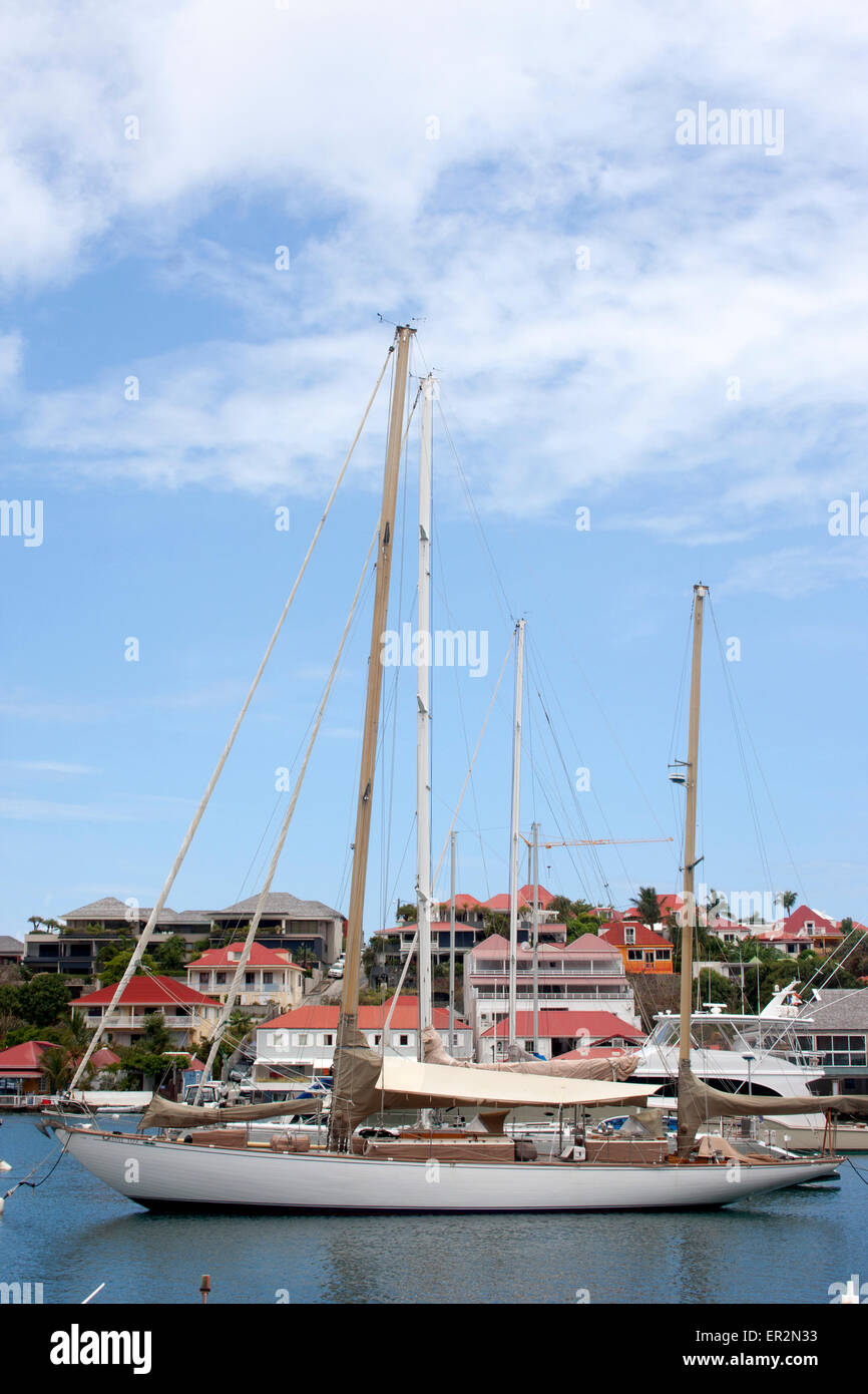 Sail boats moored in the harbor of Gustavia, St. Barts Stock Photo