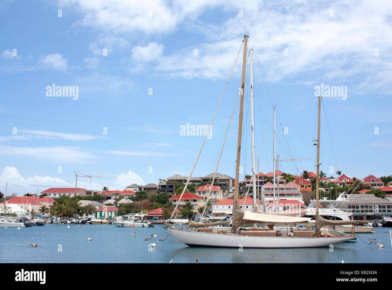 Sail boats moored in the harbor of Gustavia, St. Barts Stock Photo