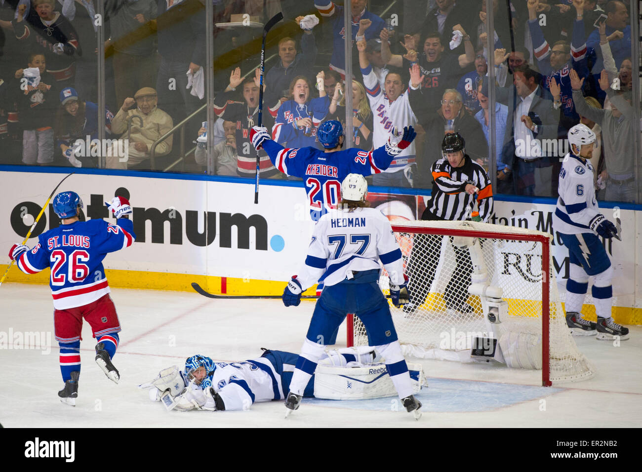 Manhattan, New York, USA. 18th May, 2015. New York Rangers left wing Chris Kreider (20) celebrates after scoring a goal on Tampa Bay Lightning goalie Ben Bishop (30) during game two of the Eastern Conference Finals of The Stanley Cup Playoffs between The New York Rangers and The Tampa Bay Lightning at Madison Square Garden in Manhattan, New York . Mandatory credit: Kostas Lymperopoulos/CSM/Alamy Live News Stock Photo