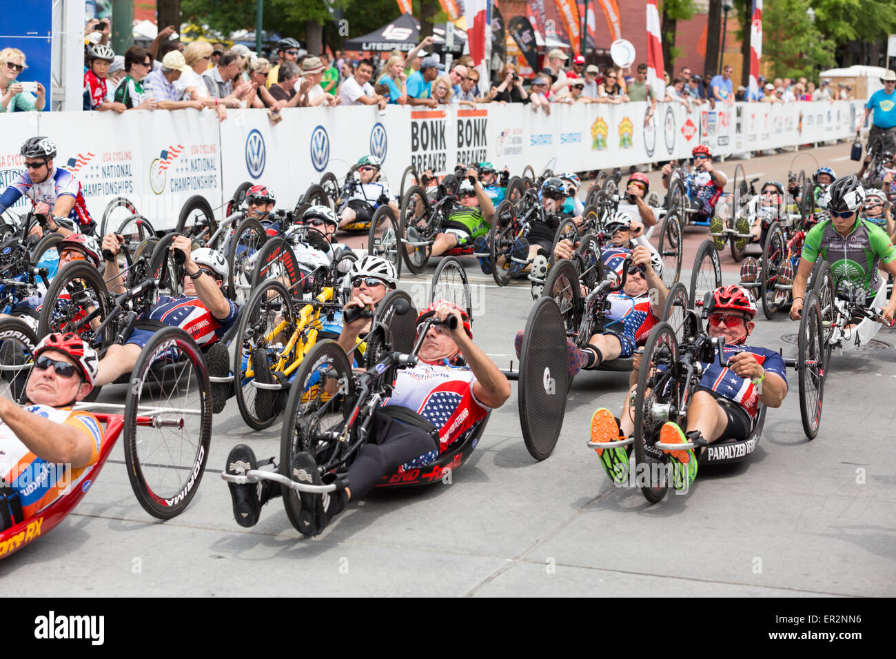 Chattanooga, Tennessee, USA.  25th May, 2015. Cyclists with disabilities compete in the 2015 USA Cycling National Championship Criterium Para-Cycling event, held in the streets of Chattanooga, Tennessee, USA. Credit:  TDP Photography/Alamy Live News Stock Photo