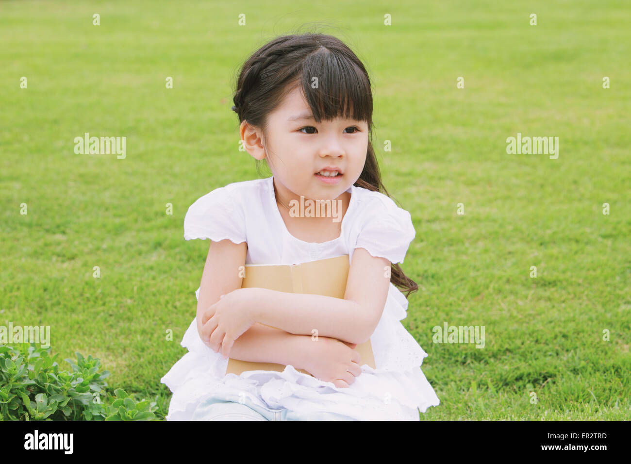 Young girl sitting with a book Stock Photo - Alamy