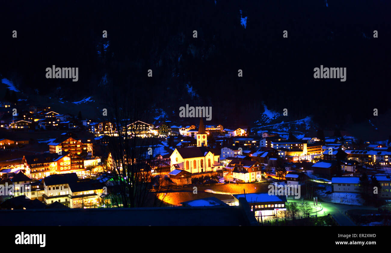 Town Gaschurn, Montafon valley, late winter, night, Voralberg, Austria Stock Photo
