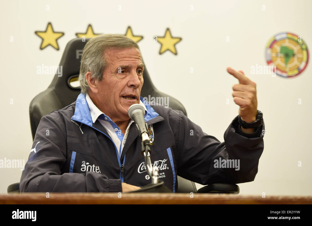 Canelones, Uruguay. 25th May, 2015. Head coach Oscar Washington Tabarez of Uruguay's national soccer team attends a press conference after a training session in the sports complex Uruguay Celeste in Canelones, 30km away from Montevideo, capital of Uruguay, on May 25, 2015. Uruguay's National Soccer Team is training for the Copa America 2015, to be held from June 11 to July 4 in Chile. Credit:  Nicolas Celaya/Xinhua/Alamy Live News Stock Photo