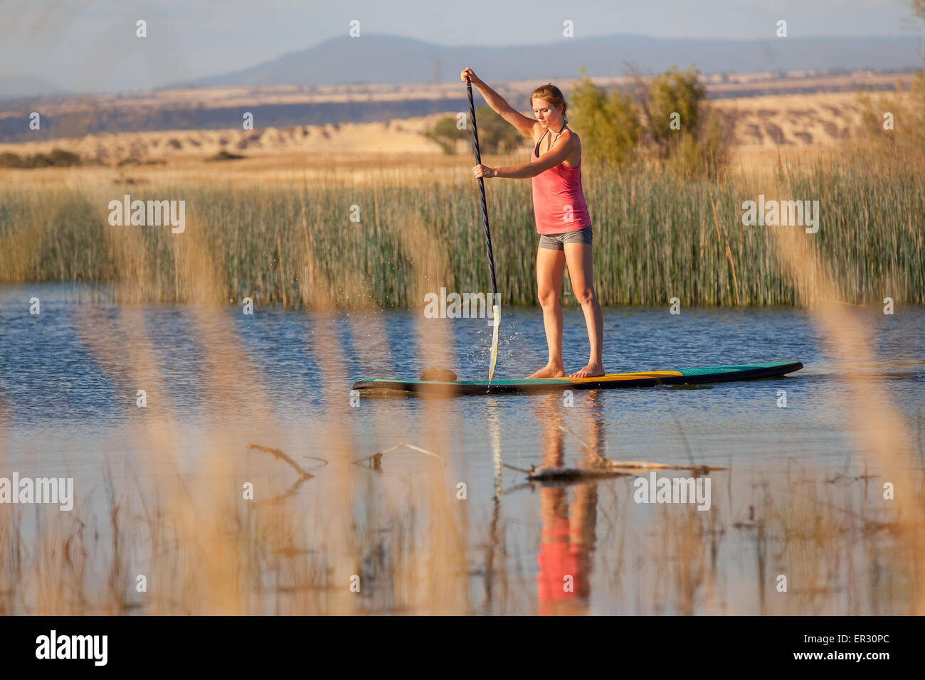 A young woman on a Paddle board on a small lake in Northern California. Stock Photo