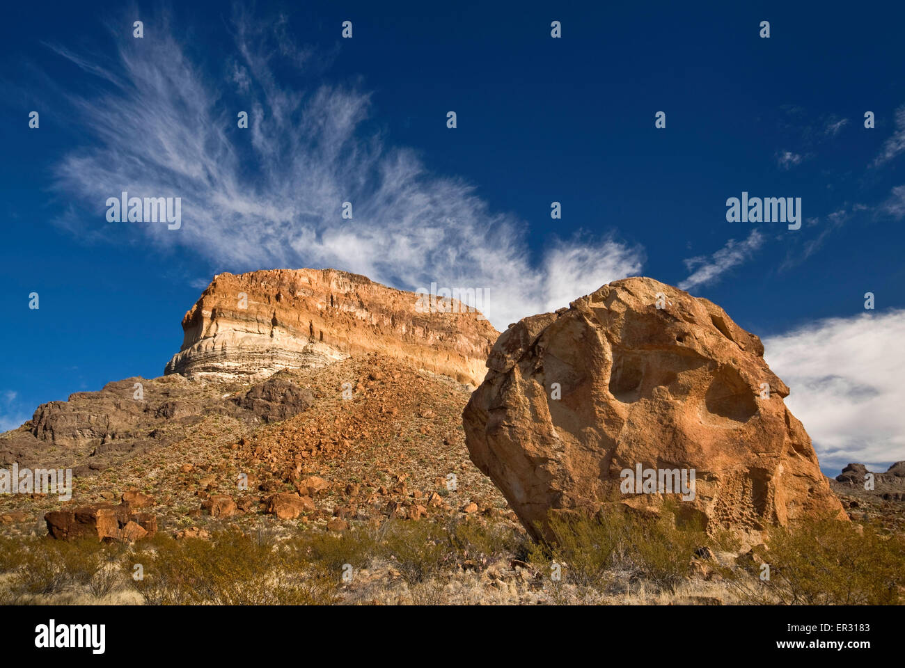 Volcanic rock, Cerro Castellan butte formation at Ross Maxwell Scenic Drive, Chihuahuan Desert in Big Bend National Park, Texas Stock Photo