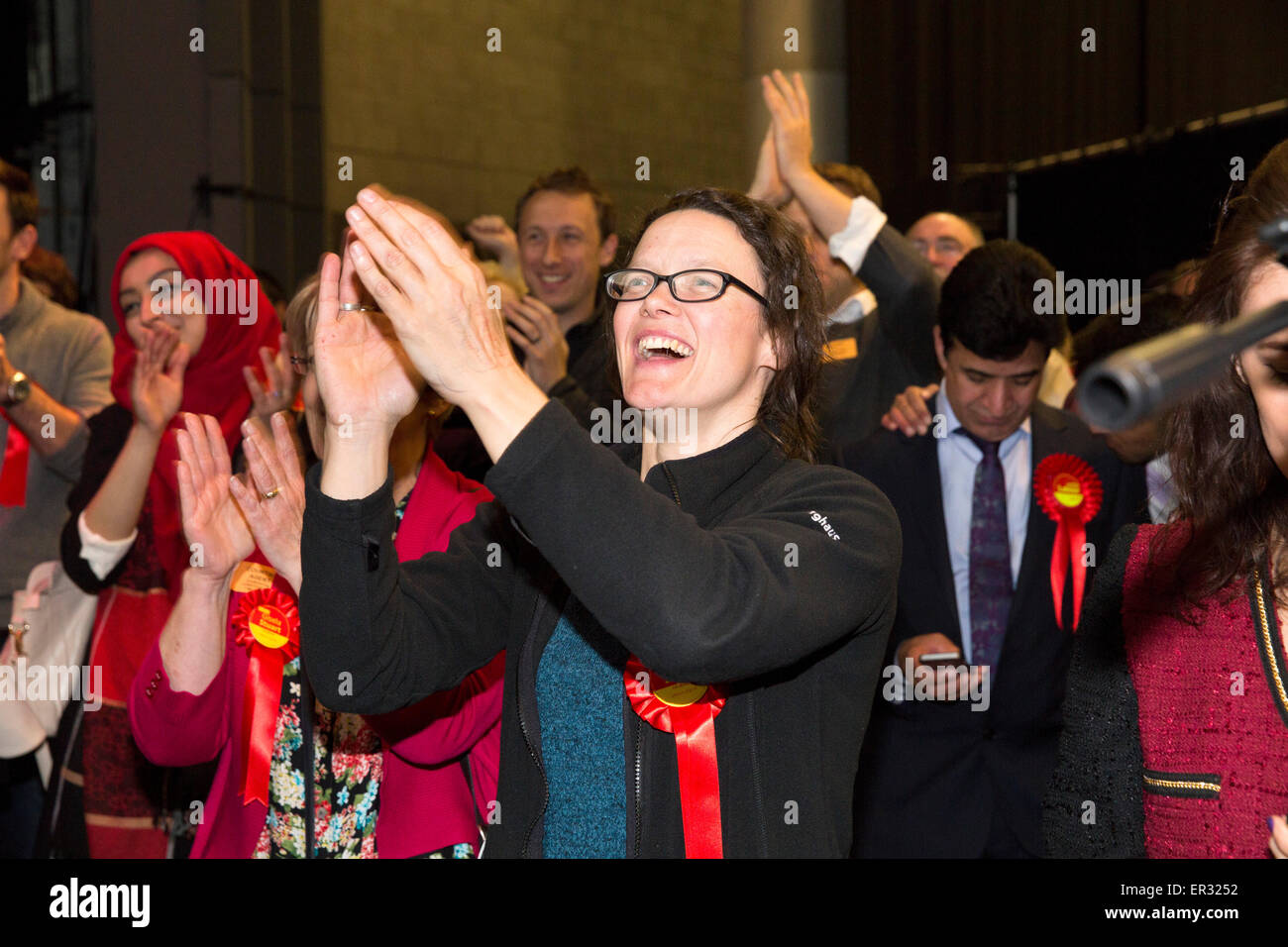 Labour supporters applauding MP Gisela Stuart as she retains her Labour seat at the general election 2015 Stock Photo