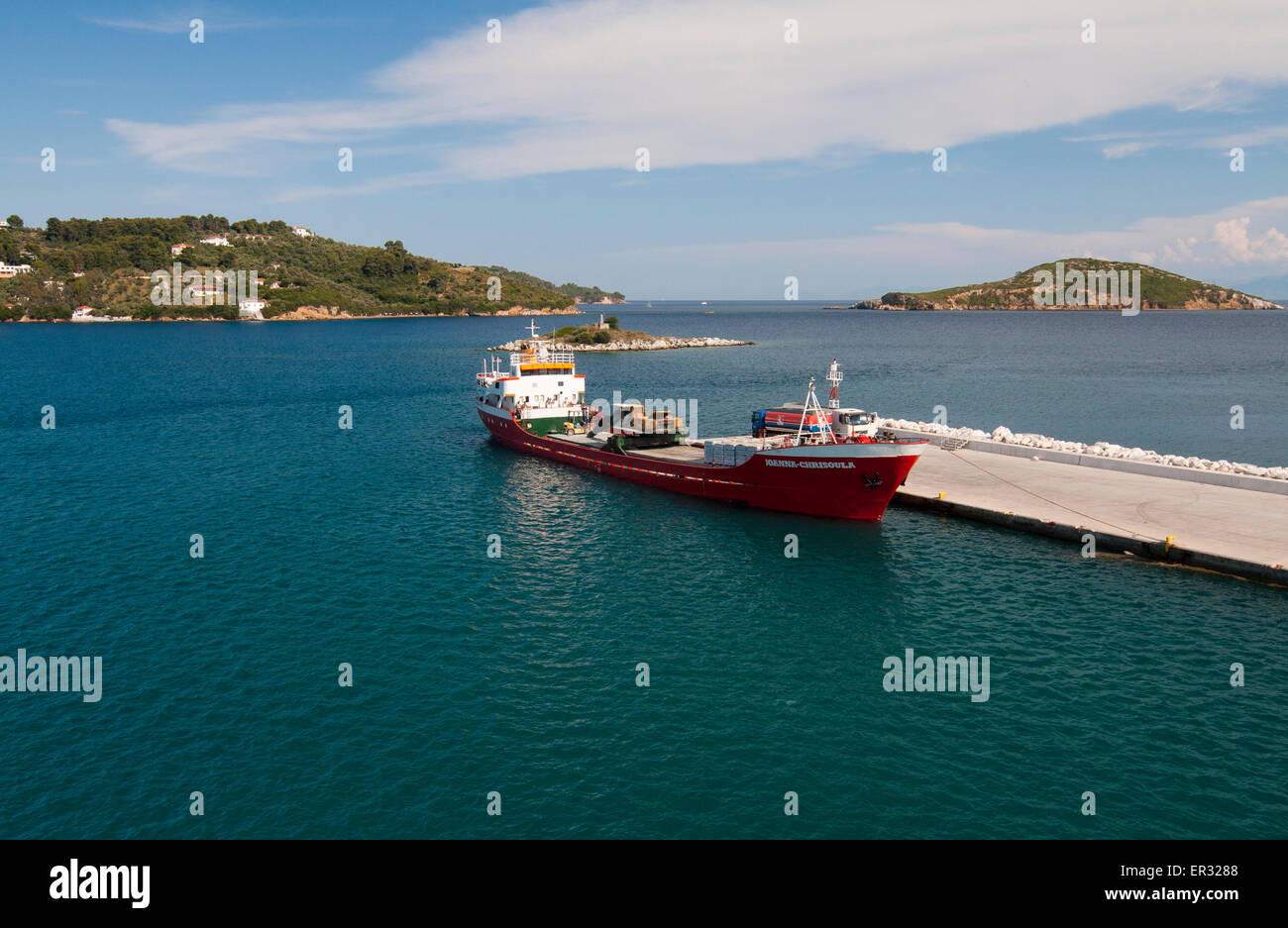 Red barge in port on the Skiatos  Island Stock Photo
