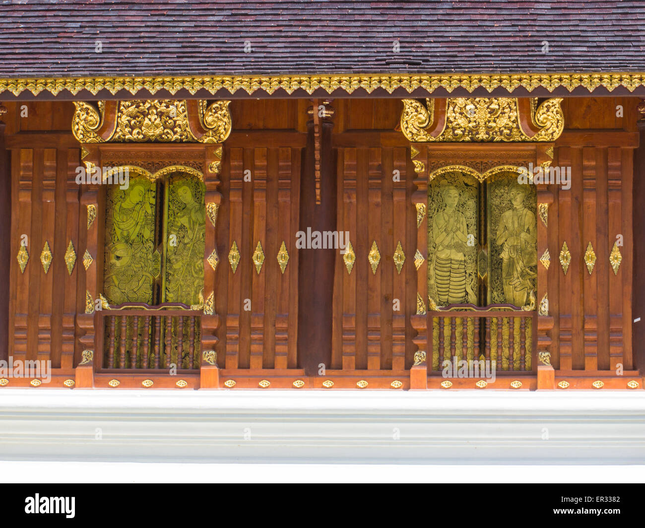 lanna gold asian art window Thai temple Stock Photo