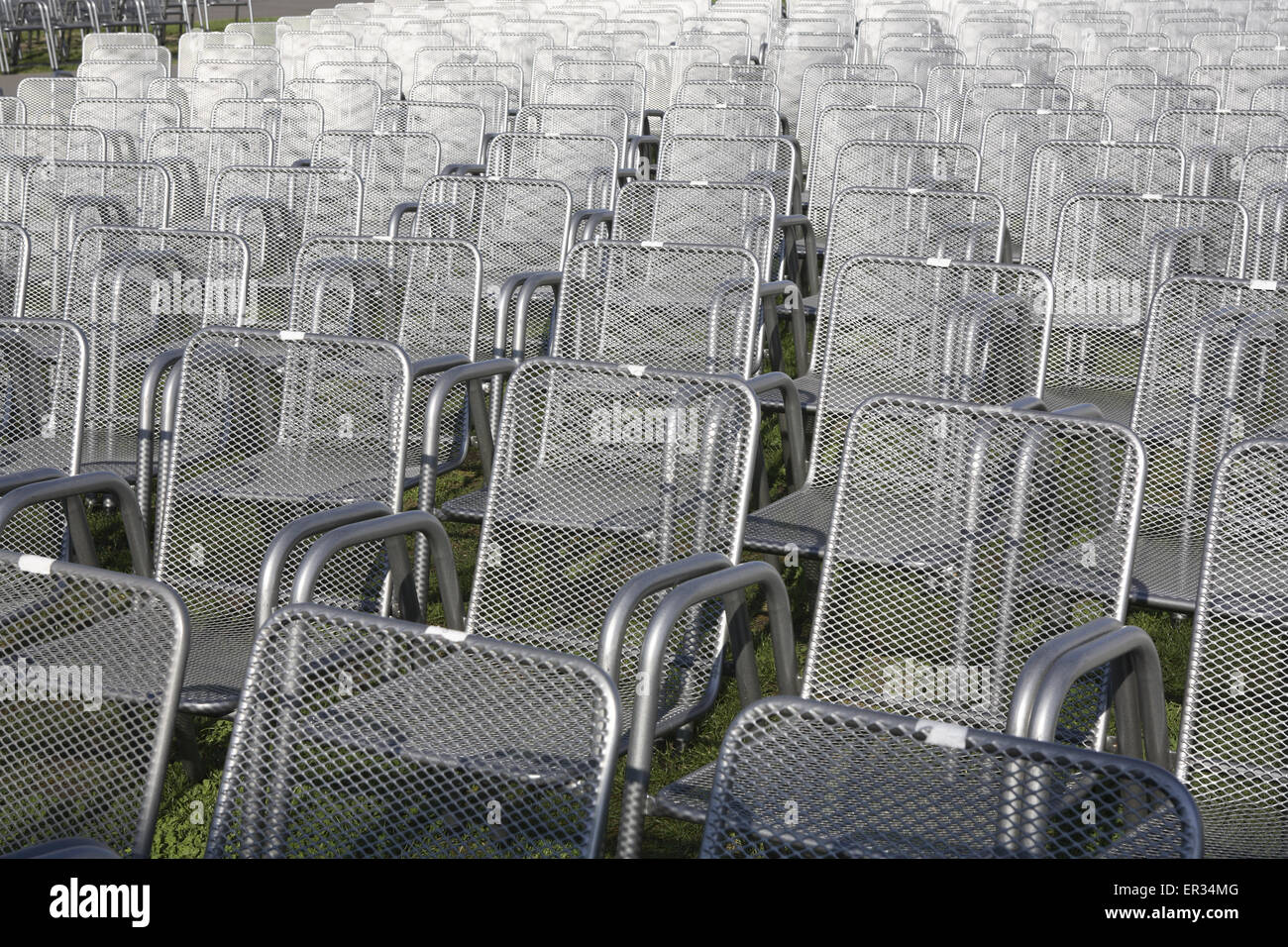 Germany, Leverkusen, chairs at the Neuland-Park.  Deutschland, Leverkusen, Stuehle im Neuland-Park. Stock Photo