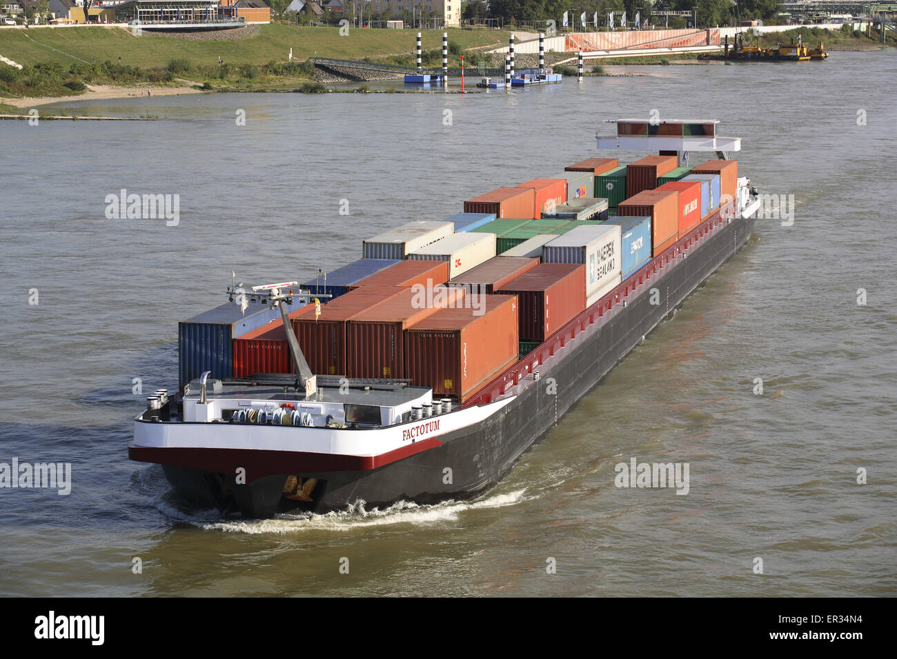 DEU, Germany, Leverkusen, container ship on the river Rhine.  DEU, Deutschland, Leverkusen, Containerschiff auf dem  Rhein. Stock Photo