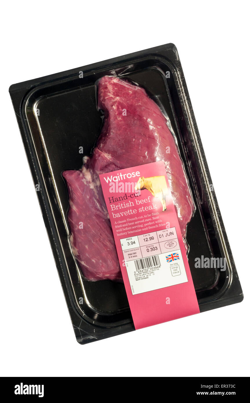 A shrink-wrapped packet of Waitrose Hand-cut British Beef bavette steak. Stock Photo