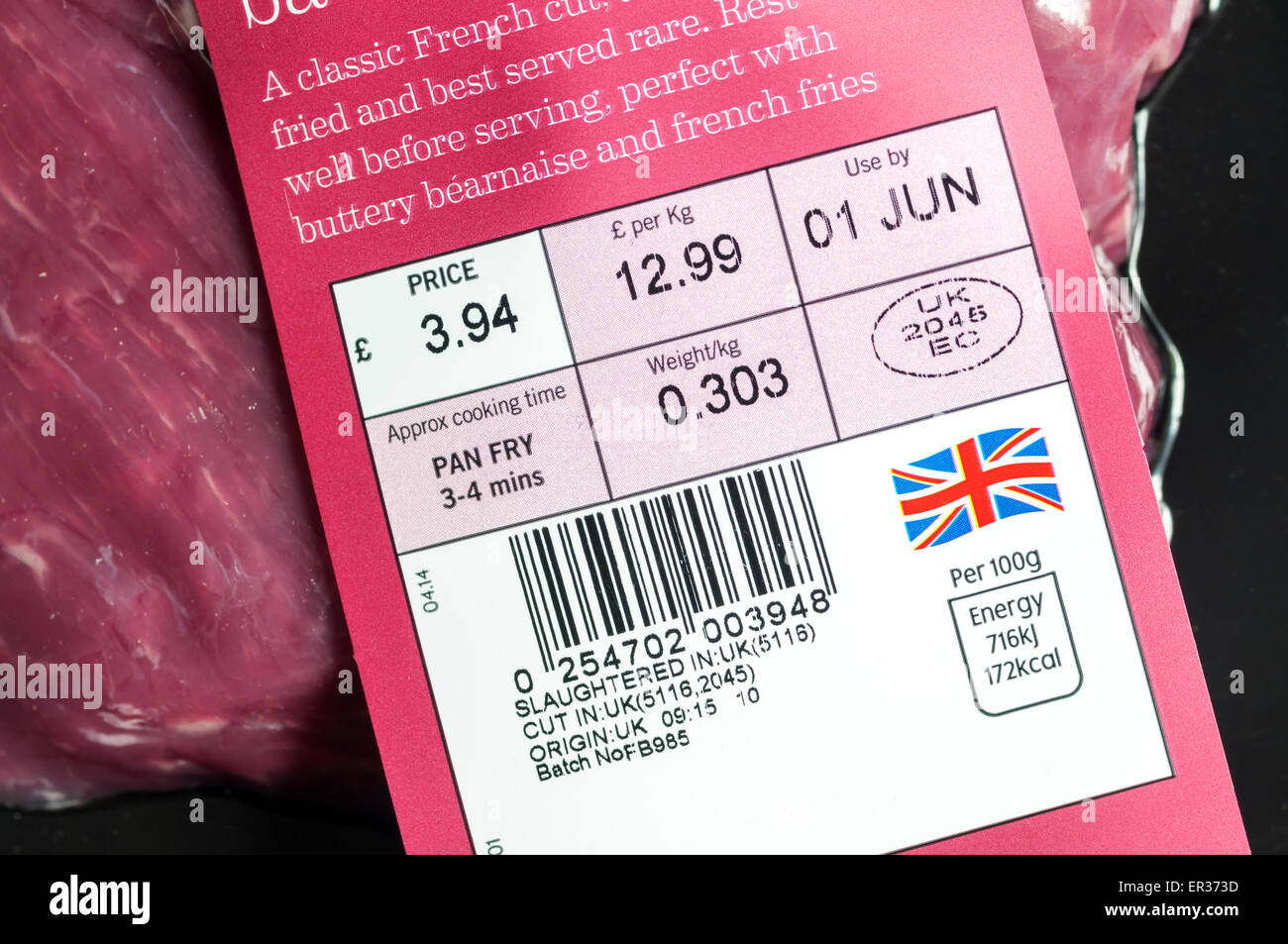 Slaughtered in UK label on a pack of British bavette steak. Stock Photo