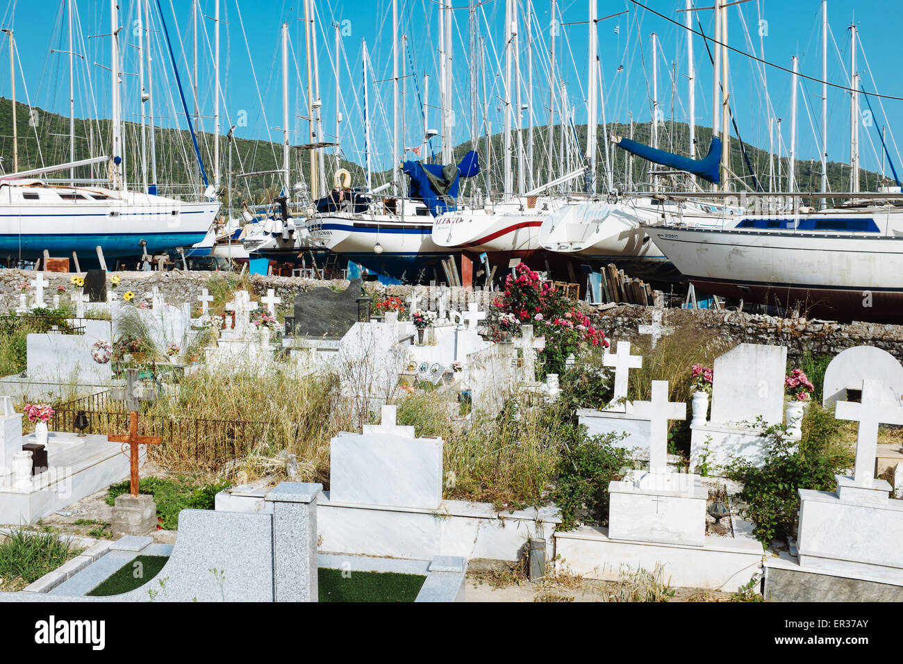 Catholic graveyard near a port , Lefkada island, Greece Stock Photo
