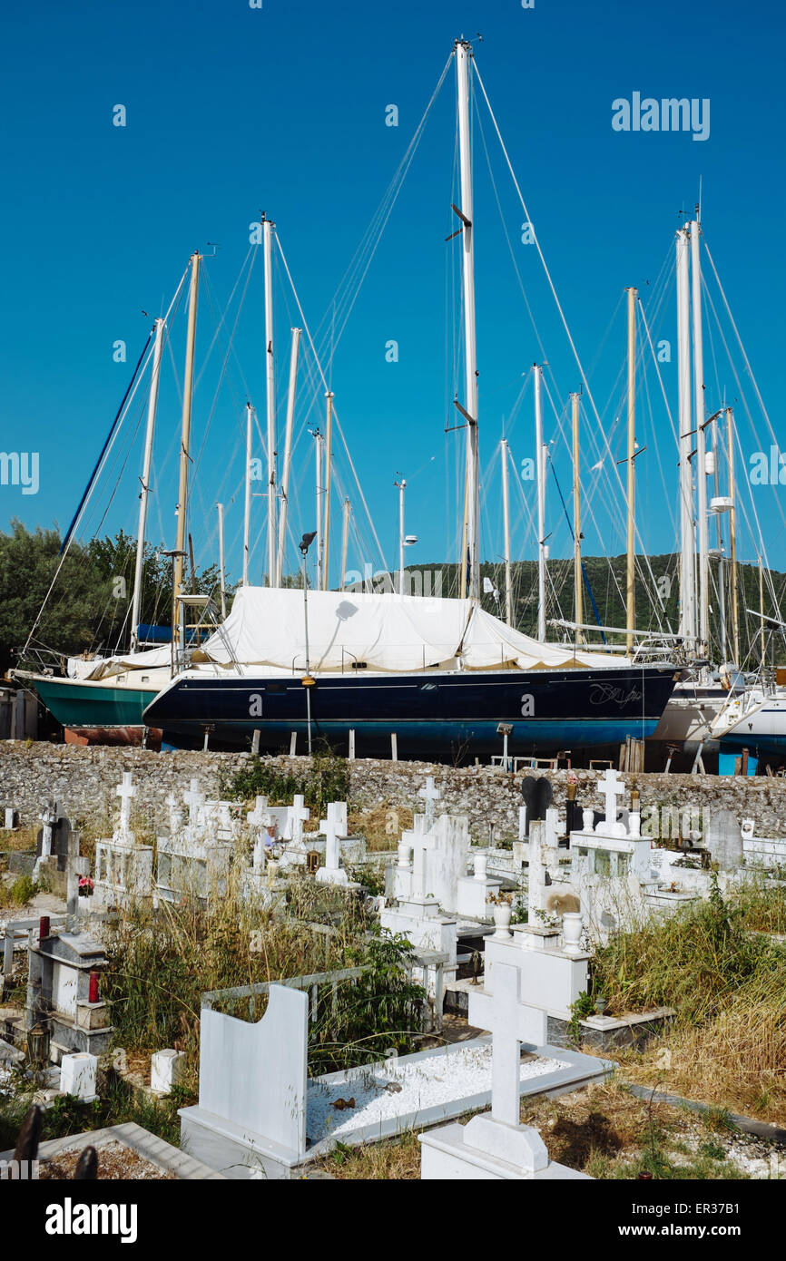 Catholic graveyard near a port , Lefkada island, Greece Stock Photo