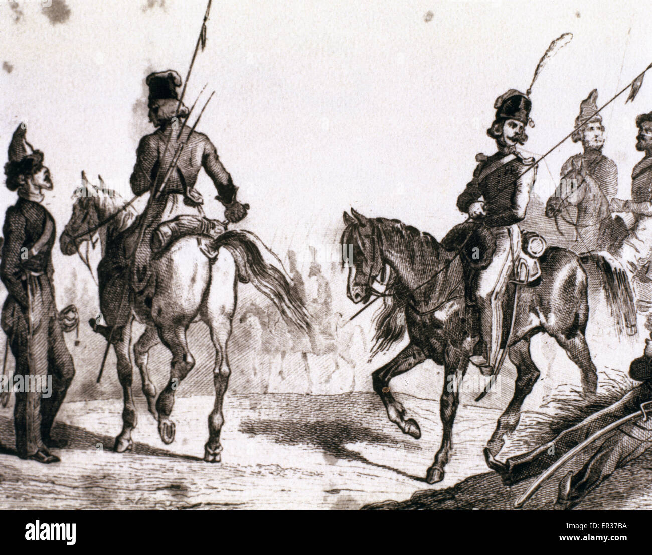 Russian militaries. Cossacks. Engraving. 18th century. Stock Photo