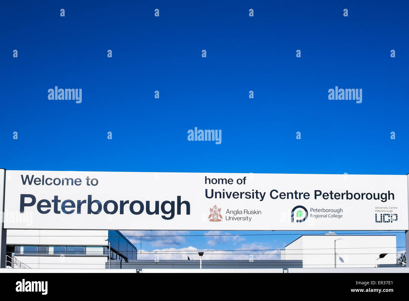 Welcome to Peterborough railway platform sign Peterborough, Cambridgeshire, England, U.K. Stock Photo